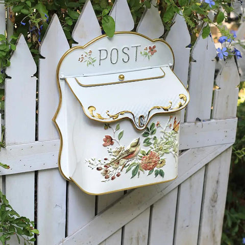 Vintage Style Wall Mount Mailbox For House Exterior Lockable Metal Mail Slot With Top Flap And Padlock Hasp Nostalgic English Cottage Garden Decor For Home And Yard With Cottage Chic Vibe on wooden fence
