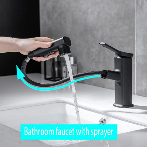 Game Changing Black Stainless Steel Bathroom Faucet With Pull Down Sprayer And Single Handle For Hot And Cold Water in use