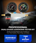 Orion Motor Tech cylinder leak-down tester kit, dual-gauge, front view with hose and spark plug adapters