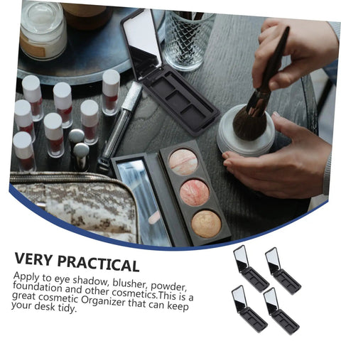 Dope New Compact Travel Makeup Palette With Mirror, Four Pack Empty Eyeshadow Containers on a vanity with cosmetics.
