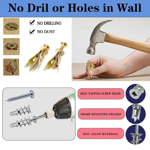 380 Pieces Self Drilling Drywall Anchors And Screws Set In Zinc Plated Steel Includes Five Sizes For Versatile Wall Fastening Easy Install No Drill Or Holes Required Gold And Silver Screws For Strong Reliable Mounts with hammer and drill
