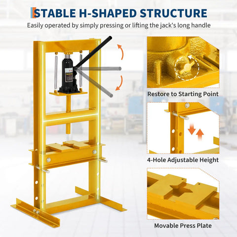 Stable H-shaped structure of Badass Heavy Duty Hydraulic Shop Press And 20 Ton H Frame Floor Bearing Station for easy operation.