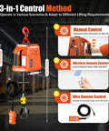 Image of Awesome 1500 Watt 3 In 1 Electric Hoist Winch showcasing control methods: manual, wireless, and wire remote.
