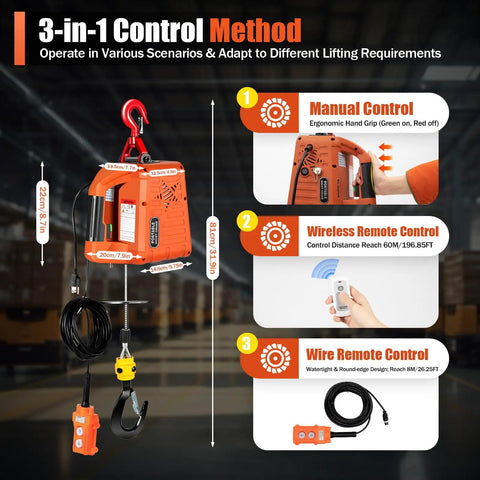 Image of Awesome 1500 Watt 3 In 1 Electric Hoist Winch showcasing control methods: manual, wireless, and wire remote.
