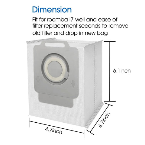 14 Pack Roomba Compatible Vacuum Bags For I7 I7 Plus And Series I3 I4 I6 I7 J7 J7 Plus I8 Plus S9 S9 Plus Automatic Dirt Disposal Replacement Bags Easy Install with dimensions 6.1x4.7 inches and leak-proof design