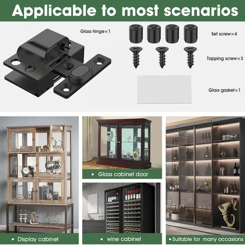 Heavy Duty 304 Stainless Steel Glass Cabinet Door Hinges For 5 To 8 mm Panes Slick Black Finish showing hinge and screws