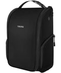 Black golf shoe bag for men, spacious with large horseshoe opening, fits size 15 shoes, features three pockets, travel organizer