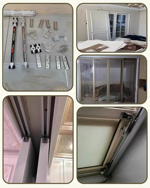 Pocket Door Track Kit With Soft Close Hardware, Wall Mount Box Rail Bracket Set For Wood Doors, installation and components view