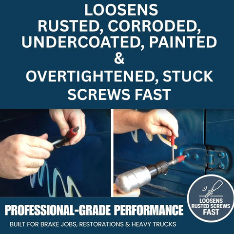 Shake-N-Break Air Impact Screw Remover loosening rusted painted screws on vehicle with .401 inch shank air hammer compatibility.