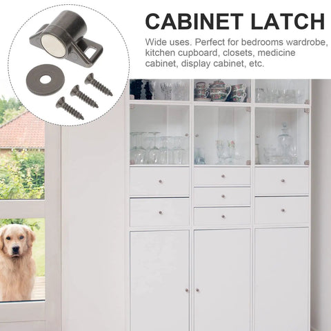 Magnetic Cabinet Door Catches 4 Pack Heavy Duty Drawer Push Latches displayed with screws and cabinet.