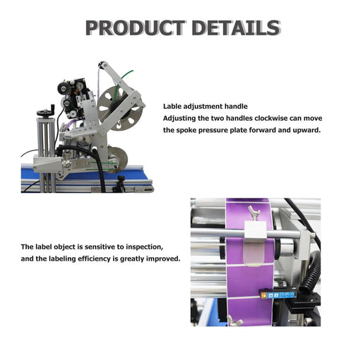 Automatic Flat Labeling Machine With Touchscreen Control And Heavy Duty Conveyor Belt Code Printer Crushes 25 To 50 Labels Min showing label adjustment mechanism.