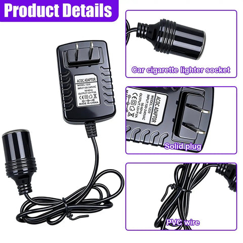 Ready Rock Solid 12V 2A AC To DC Converter With Cigarette Lighter Socket Adapter For Cars And Trucks viewed with solid plug and PVC wire.