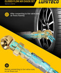Illustration of 2 Pack Ball Foot Air Chuck Set 1/4 In FNPT Closed Flow Tire Inflator Nozzle With Quick Connect demonstrating airflow