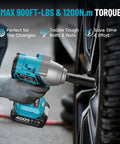 Person using Cordless Impact Wrench Half Inch Drive 1300Nm 960 Ft Lbs Torque Compact Power Tool With Dual 5Ah Li Ion Batteries And Fast Charger IW810 Purple Heavy Duty Lug Nut Removal And Automotive Repair on tire for lug nut removal