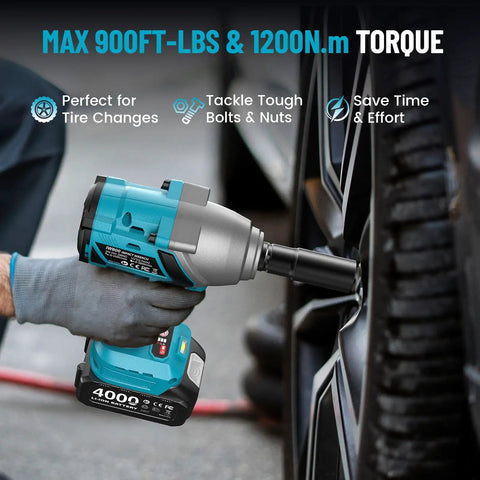 Person using Cordless Impact Wrench Half Inch Drive 1300Nm 960 Ft Lbs Torque Compact Power Tool With Dual 5Ah Li Ion Batteries And Fast Charger IW810 Purple Heavy Duty Lug Nut Removal And Automotive Repair on tire for lug nut removal