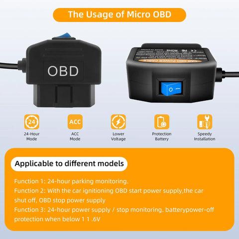 Straight USB C OBD Power Cable For Dash Cams, 11.5 Ft hardwire, showing OBD connectors and power supply features.