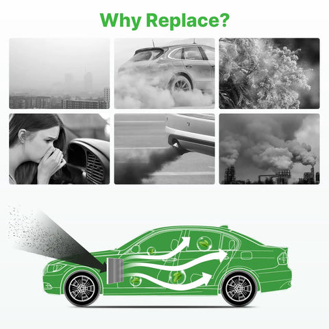 Diagram showing car with air filtration system, demonstrating pollution and clean air benefits related to Engine Air Filter For 2021 To 2026 Chrysler Grand Caravan V6 3.6L Gas And 2017 To 2026 Pacifica V6 3.6L Flex Gas Not For Hybrid Replacement Part CA12091 68214516AA High Efficiency Filtration For Cleaner Air And Peak Performance.
