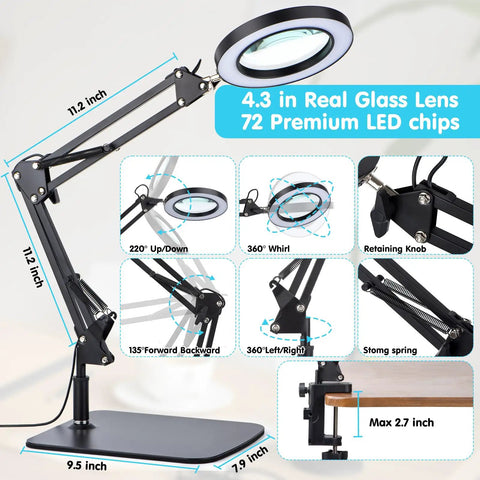 LED Magnifier Desk Lamp With Stand And Clamp Three Color Modes And Stepless Dimming 5 Diopter Real Glass Lens Adjustable Swivel Arm