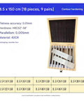 Go-To Precision Parallel Pad Gauge Block Set 18 Pieces Heavy Duty Alloy Steel CNC Milling Pads set in wooden box, sizes listed.