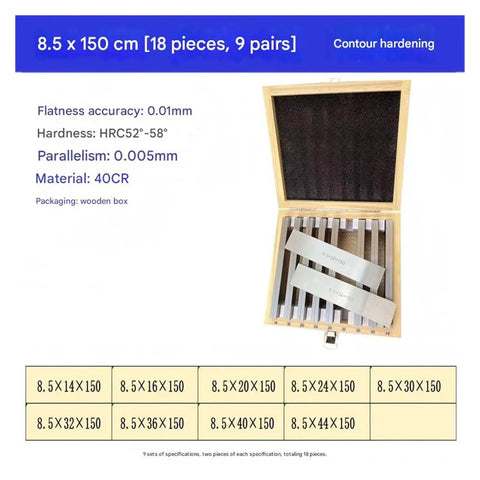 Go-To Precision Parallel Pad Gauge Block Set 18 Pieces Heavy Duty Alloy Steel CNC Milling Pads set in wooden box, sizes listed.