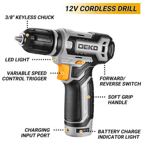 12V cordless drill features from Home Mechanic Tool Box Set With 12V Cordless Drill For DIYers Handy Tools Kit In Portable Drawer Toolbox Organizer For Home Projects And Auto Repairs All In One Storage Case.