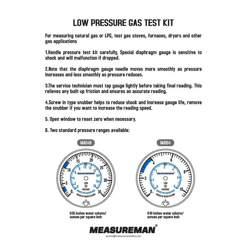 MEASUREMAN low pressure gas test kit instruction sheet with gauge illustrations MA048 and MA104 and MEASUREMAN logo.