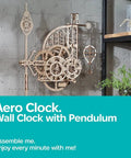 Aero Clock Wooden 3D Puzzle With Pendulum Gravity Powered Clock Kit on wall, showcasing assembled gears and pendulum.