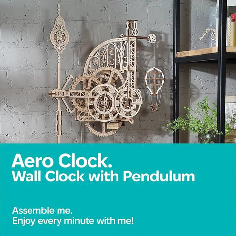 Aero Clock Wooden 3D Puzzle With Pendulum Gravity Powered Clock Kit on wall, showcasing assembled gears and pendulum.
