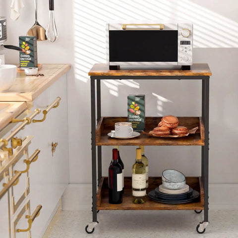 Slick Three Tier Rolling Kitchen Microwave Cart Featuring Rugged Steel Frame For Hella Spacious Storage And Smooth Mobile Coffee Bar with microwave and drinks.