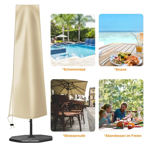 Heavy Duty 420D Oxford Umbrella Cover With Zipper All Weather Waterproof Patio Protector on stand beside pool, beach, cafe, dining scene