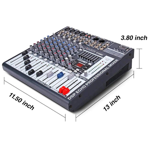 8 Channel Bluetooth DJ Mixer With USB MP3 Port 48V Phantom Power 16 Bit FX Sound Board showing dimensions