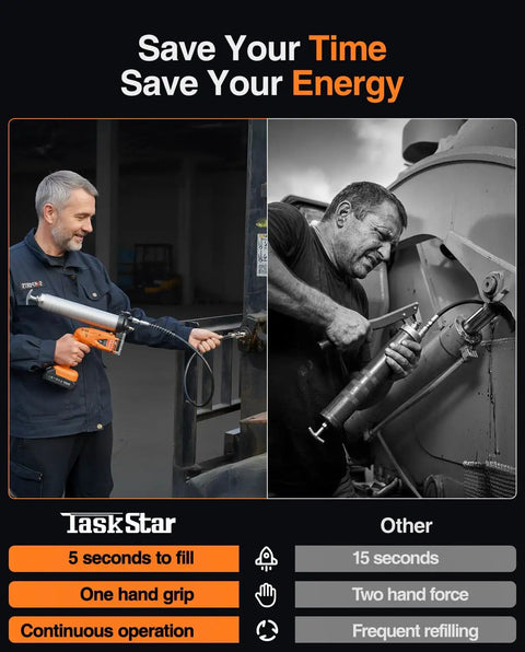 Comparison of mechanic using Beefy 2-In-1 Electric Grease Gun With 10000 PSI Cordless Power and traditional grease gun.