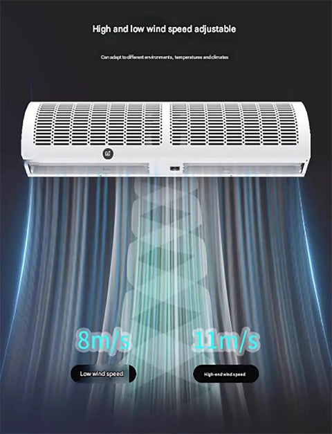 Heavy Duty Air Curtain Pumping Out Mean Airflow And Running Smooth As Silk With Dual Fan Speeds Adjustable Swivel Vane And Total Remote Ease For Tight Thermal Lockdown And Zero Drama Wall Installs with visible airflow display.