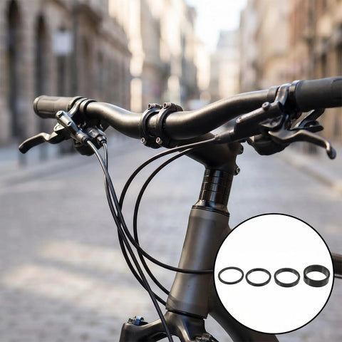 Get Your Handlebar Just Right With These Handy 12 Pack Of Aluminum Alloy Threadless Headset Spacers In Sizes 2mm 3mm 5mm And 10mm Perfect For Mountain Bikes And Road Bikes To Adjust Stem Height, shown with bike handlebars.