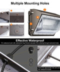 Diagrams and features of 120W Dusk To Dawn LED Wall Pack Light With Photocell, showcasing multiple mounting holes and waterproof design.
