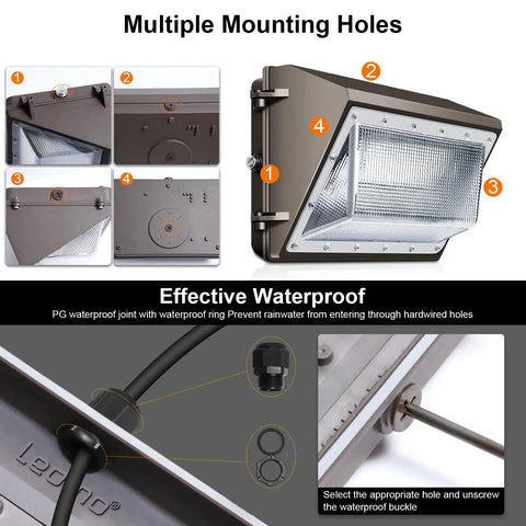 Diagrams and features of 120W Dusk To Dawn LED Wall Pack Light With Photocell, showcasing multiple mounting holes and waterproof design.