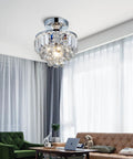 Modern Chrome Crystal Semi-Flush Mount LED Chandelier Ceiling Light for dining room, elegant crystal tube design, 9in diameter, 10in height.