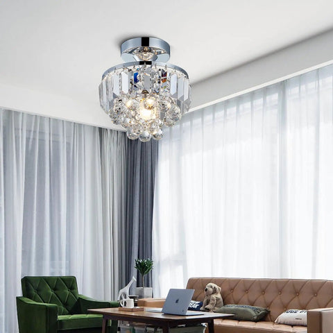 Modern Chrome Crystal Semi-Flush Mount LED Chandelier Ceiling Light for dining room, elegant crystal tube design, 9in diameter, 10in height.
