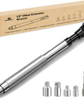 Half Inch Offset Extension Wrench For Electric And Impact Tools With Pro Grade Beefy High Torque Socket Adapter And Three Eighths And One Quarter Inch Extensions For Tight Spaces And Angled Repairs, with a metal finish and multiple adapters shown with box.