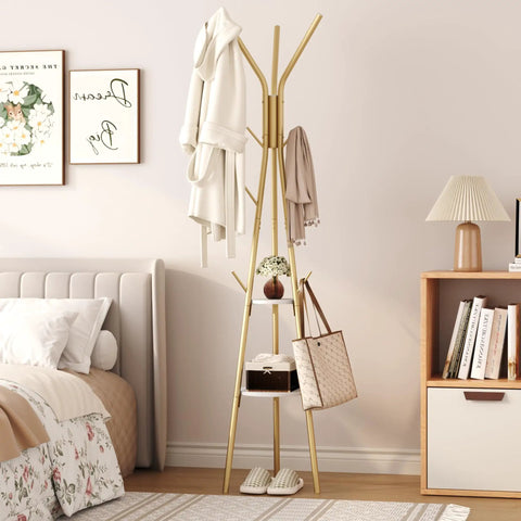 Coat Rack With 12 Hooks Freestanding Hall Tree In Gold Finish Dope Modern Industrial Style Entryway Organizer With Two Wooden Shelves For Clothes Hats And Scarves Sturdy Metal Coat Hanger Stand in bedroom setting