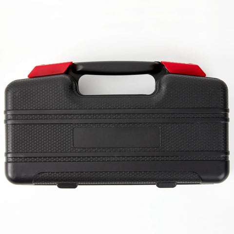 Top view of black and red storage case for Versatile 39 Piece Tool Set For Home And DIY Needs With Red Storage Case Durable Steel Hand Tools For Home Garage Office Dorm And College Projects Handy For Everyday Repairs And Quick Fixes.