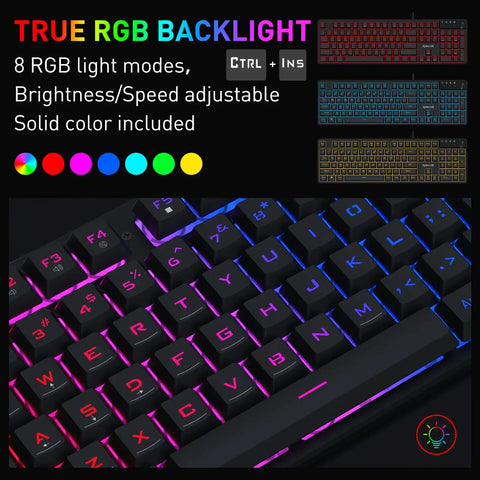 Close-up of Dope Full Size Gaming Keyboard With Quick Turn Volume Knob, 104 Keys Wired PC Peripheral Featuring Fresh RGB Lighting.