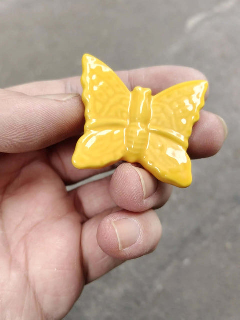 Hella Chic Yellow Ceramic Butterfly Cabinet Knobs Premium Six Piece Set Dang Beautiful Vintage Drawer Pulls With Included Mounting Hardware For Dresser Wardrobe And Cabinet Refresh in hand.