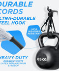 4 Pack 24 Inch Bungee Cords With Carabiner Hooks, featuring steel hooks, latex elastic straps, 8mm thick, holds 85kg weight