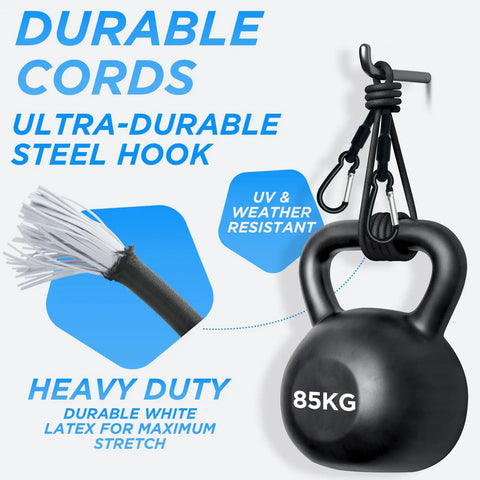 4 Pack 24 Inch Bungee Cords With Carabiner Hooks, featuring steel hooks, latex elastic straps, 8mm thick, holds 85kg weight