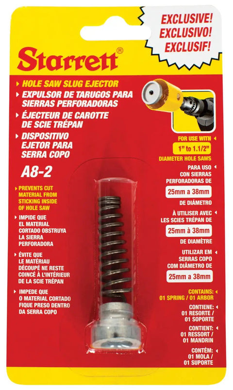 Packaging of Core Ejector For 1 Inch To 1-1/2 Inch Hole Saws, Easy Install, Quick Core Removal, Built Tough, Pro Grade Drill Accessory.