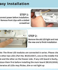 Instructions showing how to install a 3 Pack Refrigerator LED Light Set with Tapered Lens for Fridge and Freezer, compatible with Whirlpool, Kenmore, Maytag, KitchenAid, replacing WPW10515057, WPW10515058, AP6022533, AP6022534, PS11755866.