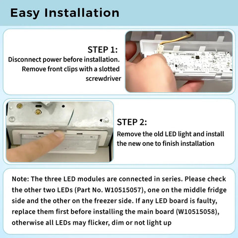 Instructions showing how to install a 3 Pack Refrigerator LED Light Set with Tapered Lens for Fridge and Freezer, compatible with Whirlpool, Kenmore, Maytag, KitchenAid, replacing WPW10515057, WPW10515058, AP6022533, AP6022534, PS11755866.