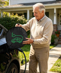 Heavy Duty EV Charger Tote Bag Made Tough With Ripstop Oxford Fabric Car organizer being used by an older man outside a house.