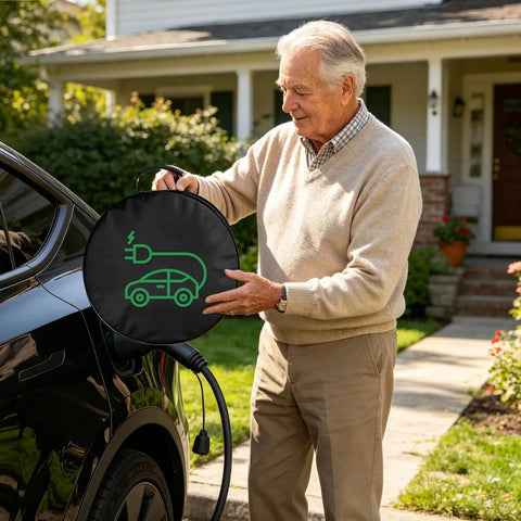 Heavy Duty EV Charger Tote Bag Made Tough With Ripstop Oxford Fabric Car organizer being used by an older man outside a house.